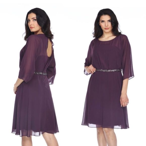 Joseph Ribkoff Amethyst Embellished Chiffon Layered A-Line Dress - Picture 13 of 13